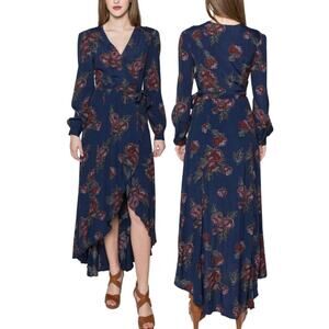 ASTR Dark Blue Floral Ruffle Wrap Dress